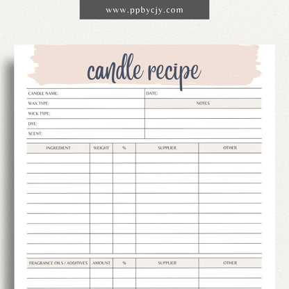 Candle Maker Recipe Printable Template – Digital Download for Recording and Organizing Candle Formulas and Recipes