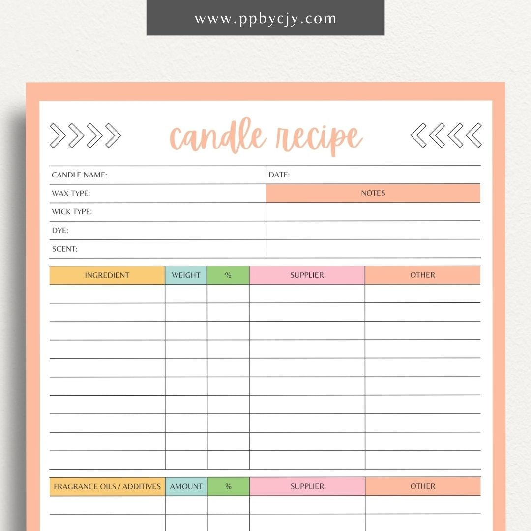 Candle Maker Recipe Printable Template – Digital Download for Recording and Organizing Candle Formulas and Recipes