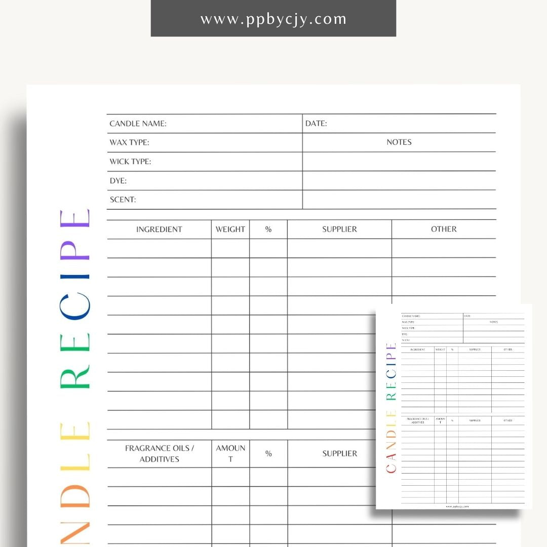 Candle Maker Recipe Printable Template – Digital Download for Recording and Organizing Candle Formulas and Recipes