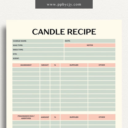 Candle Maker Recipe Printable Template – Digital Download for Recording and Organizing Candle Formulas and Recipes