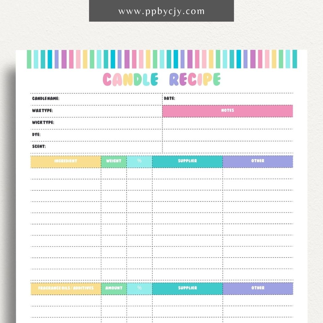 Candle Maker Recipe Printable Template – Digital Download for Recording and Organizing Candle Formulas and Recipes