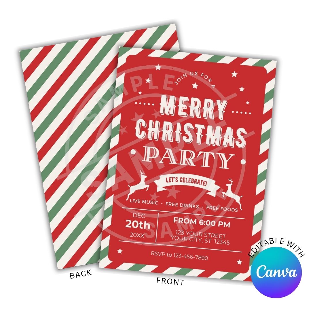 Christmas party invitation with red and green striped design, featuring text and Canva branding.