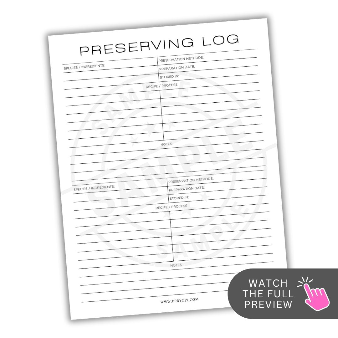 Preserving log sheet with columns for species, preservation method, etc., on a white background.