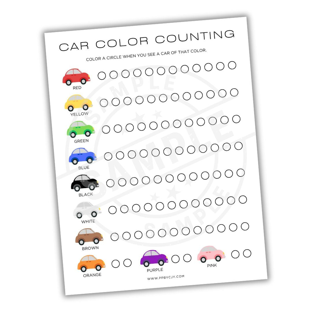 Color counting worksheet for cars with colored car illustrations and circles to color.
