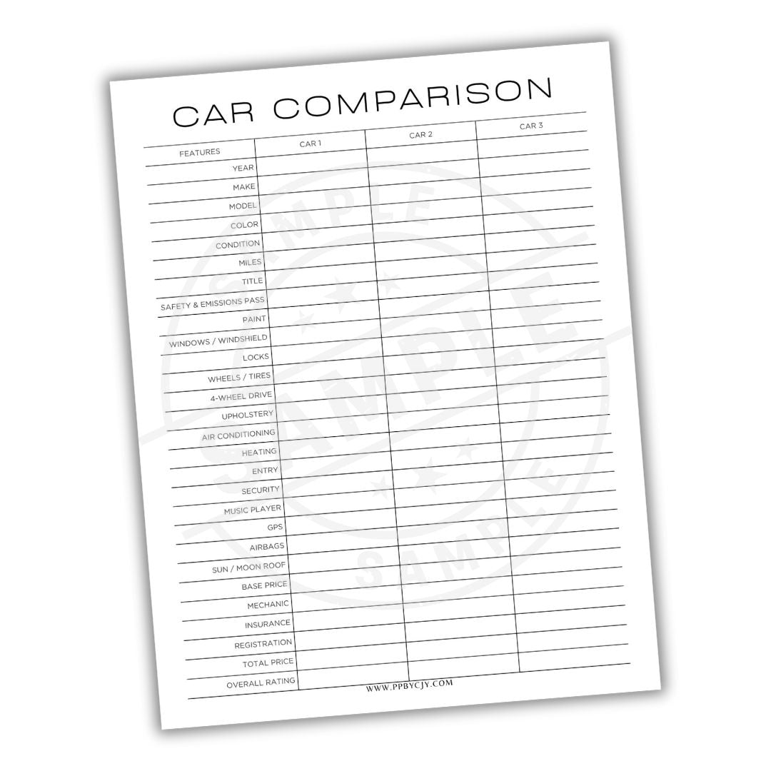 Car comparison sheet with columns for features, year, make, model, color, condition, etc.