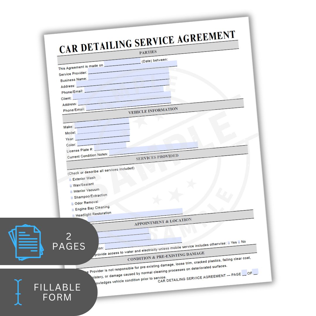 Car detailing service agreement form on a white background