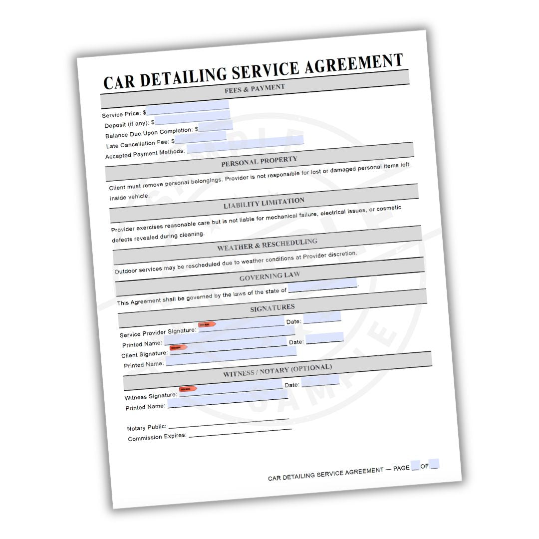 Car detailing service agreement form on a white background