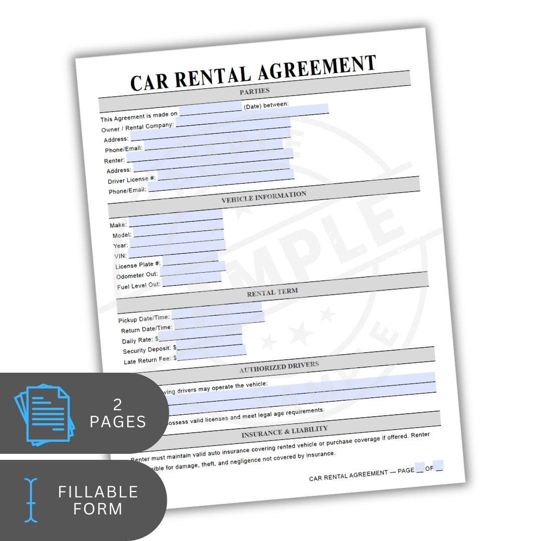Car rental agreement form with fillable text on a white background