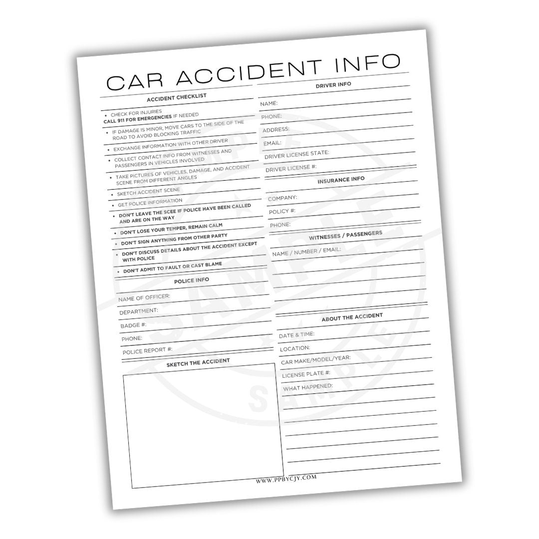 Car accident information checklist on a white background