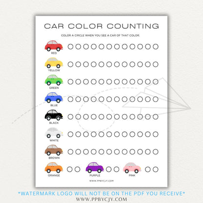 Counting Color Cars Game Printable PDF with a fun tally chart to track car colors, perfect for road trips and travel entertainment for kids.

