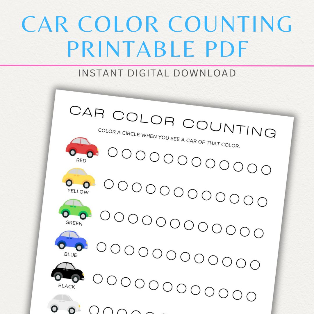 Counting Color Cars Game Printable PDF with a fun tally chart to track car colors, perfect for road trips and travel entertainment for kids.

