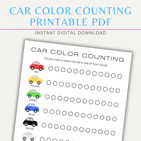 Counting Color Cars Game Printable PDF with a fun tally chart to track car colors, perfect for road trips and travel entertainment for kids.

