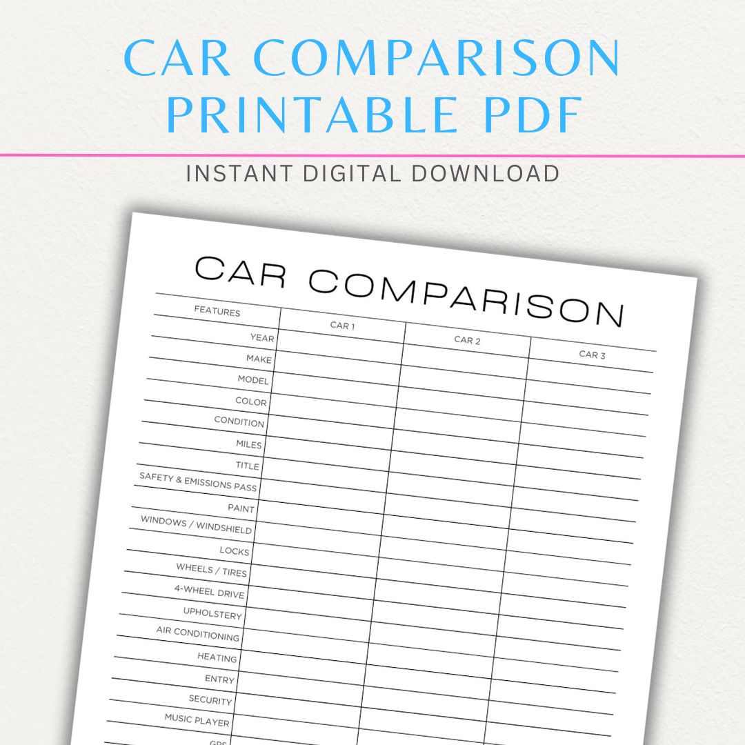 Car Comparison Sheet Printable PDF Template for tracking and comparing vehicle details like price, fuel efficiency, and features.

