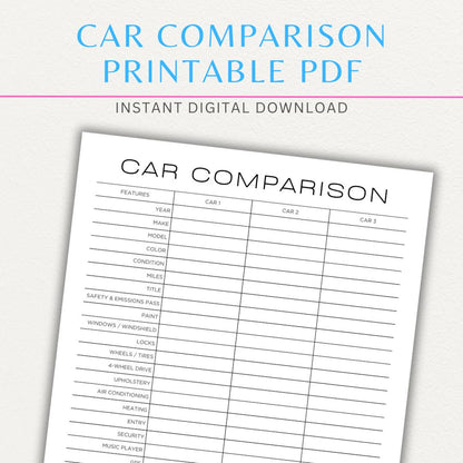 Car Comparison Sheet Printable PDF Template for tracking and comparing vehicle details like price, fuel efficiency, and features.

