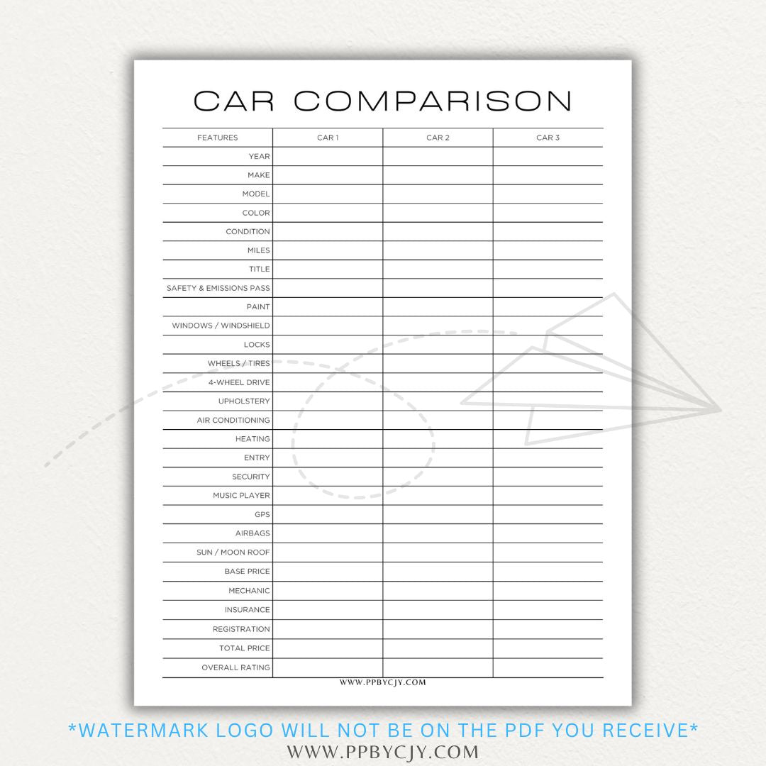 Car Comparison Sheet Printable PDF Template for tracking and comparing vehicle details like price, fuel efficiency, and features.

