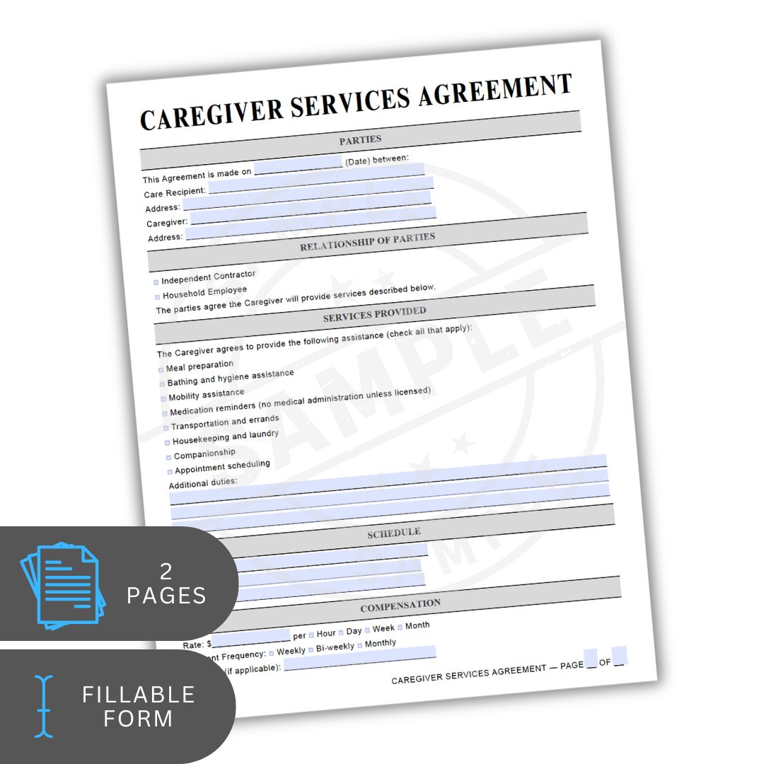 Caregiver Services Agreement form on a white background