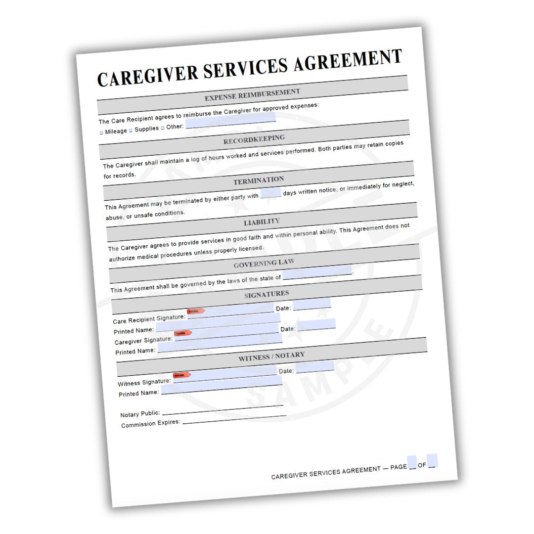 Caregiver Services Agreement form on a white background