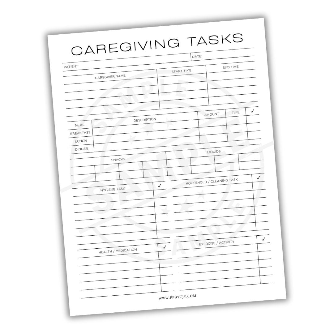 Caregiving tasks sheet with checkboxes on a white background