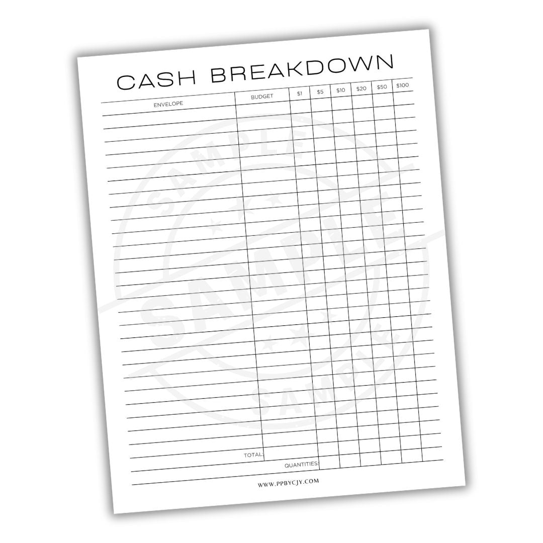Cash breakdown sheet with columns for envelopes, budget, and totals on a white background.