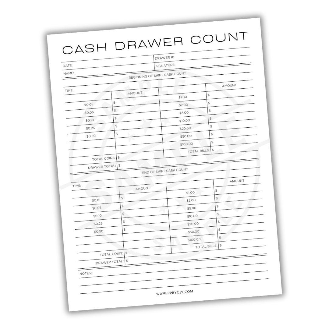 Cash drawer count sheet with a white background