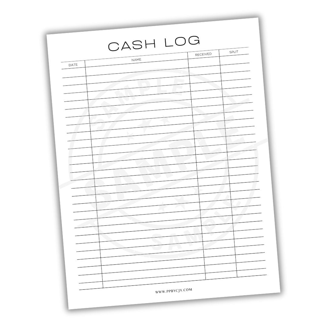 Cash log sheet with columns for date, name, received, and split on a white background.