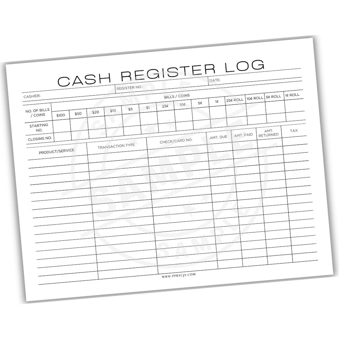 Cash register log sheet on a white background
