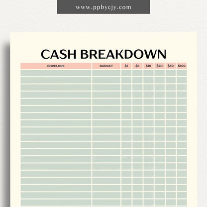 Cash Breakdown Printable Template: Organize and track cash flow with clear breakdowns for efficient financial management.