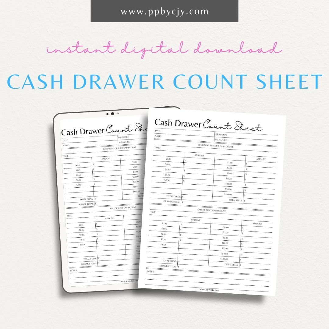 Cash Drawer Count Sheet Printable PDF Template for cash tracking and reconciliation

