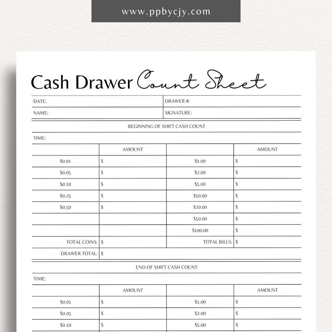 Cash Drawer Count Sheet Printable PDF Template for cash tracking and reconciliation

