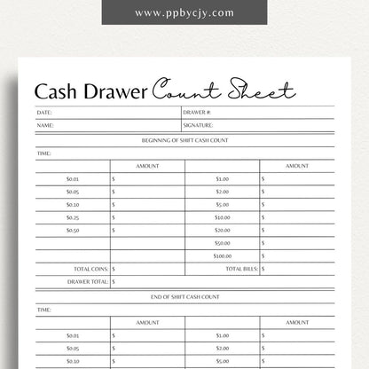 Cash Drawer Count Sheet Printable PDF Template for cash tracking and reconciliation

