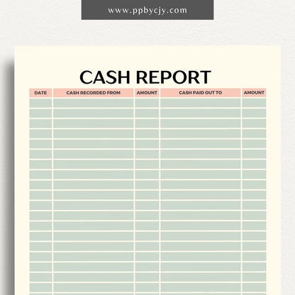 Cash Report Printable Template – Digital Download for Tracking and Managing Cash Flow and Transactions