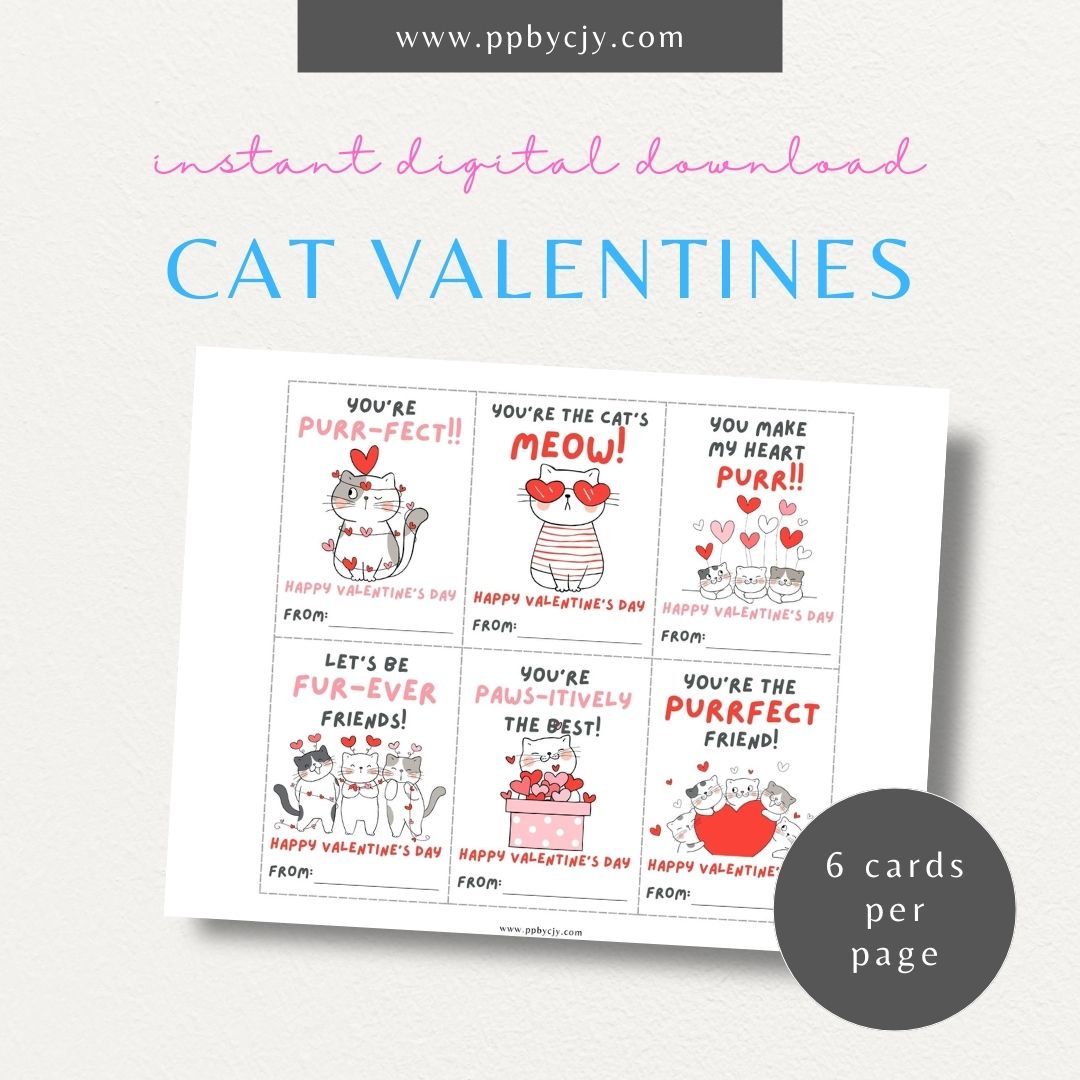 Cat-themed Valentine’s Day cards with cute cat designs and playful cat-themed quotes, perfect for cat lovers.