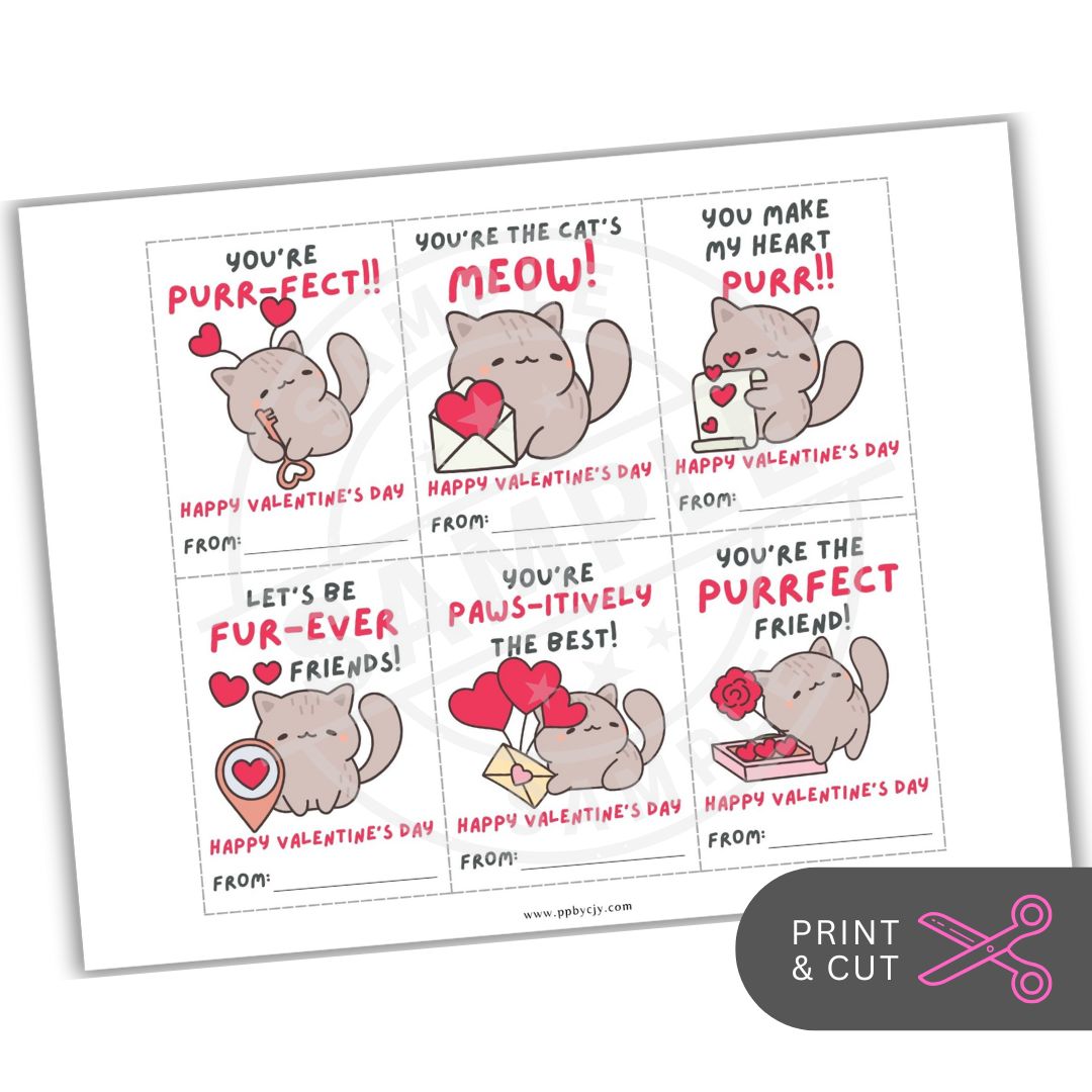 Valentine's Day cards with cat illustrations and text on a white background