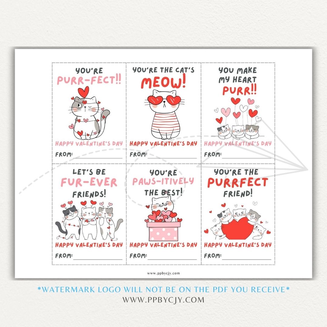 Cat-themed Valentine’s Day cards with cute cat designs and playful cat-themed quotes, perfect for cat lovers.