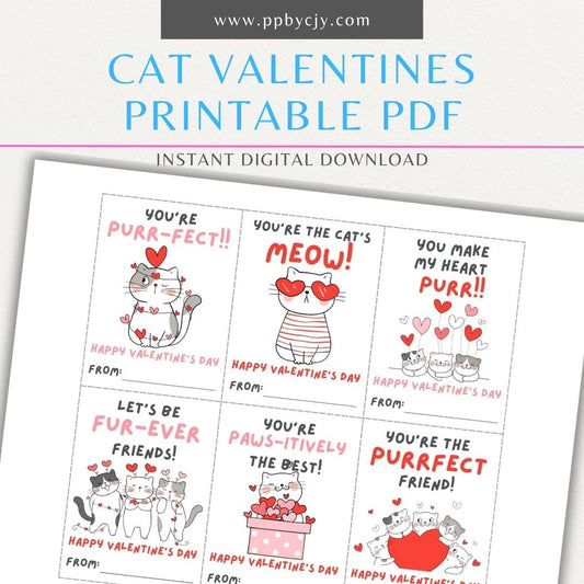 Cat-themed Valentine’s Day cards with cute cat designs and playful cat-themed quotes, perfect for cat lovers.