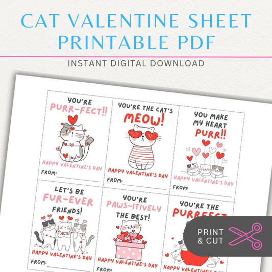 Cat-themed Valentine’s Day cards with cute cat designs and playful cat-themed quotes, perfect for cat lovers.