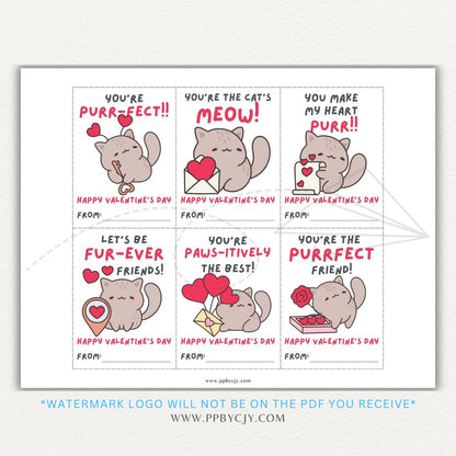 Cat-themed printable Valentine’s Day sheet with six cute cat illustrations and sweet, playful messages for Valentine exchanges.

