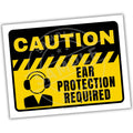 Caution sign with ear protection required text and symbol on a white background
