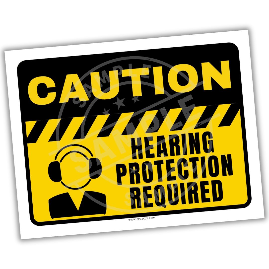 black and yellow caution sign for hearing protection required.
