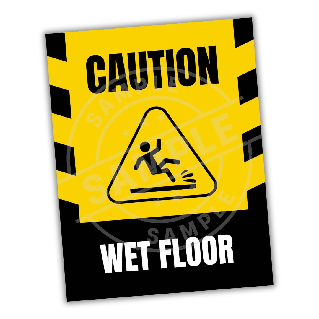 Caution wet floor sign with yellow background and black text
