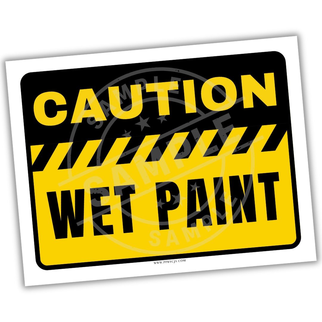 Caution wet paint sign with yellow and black colors on a white background