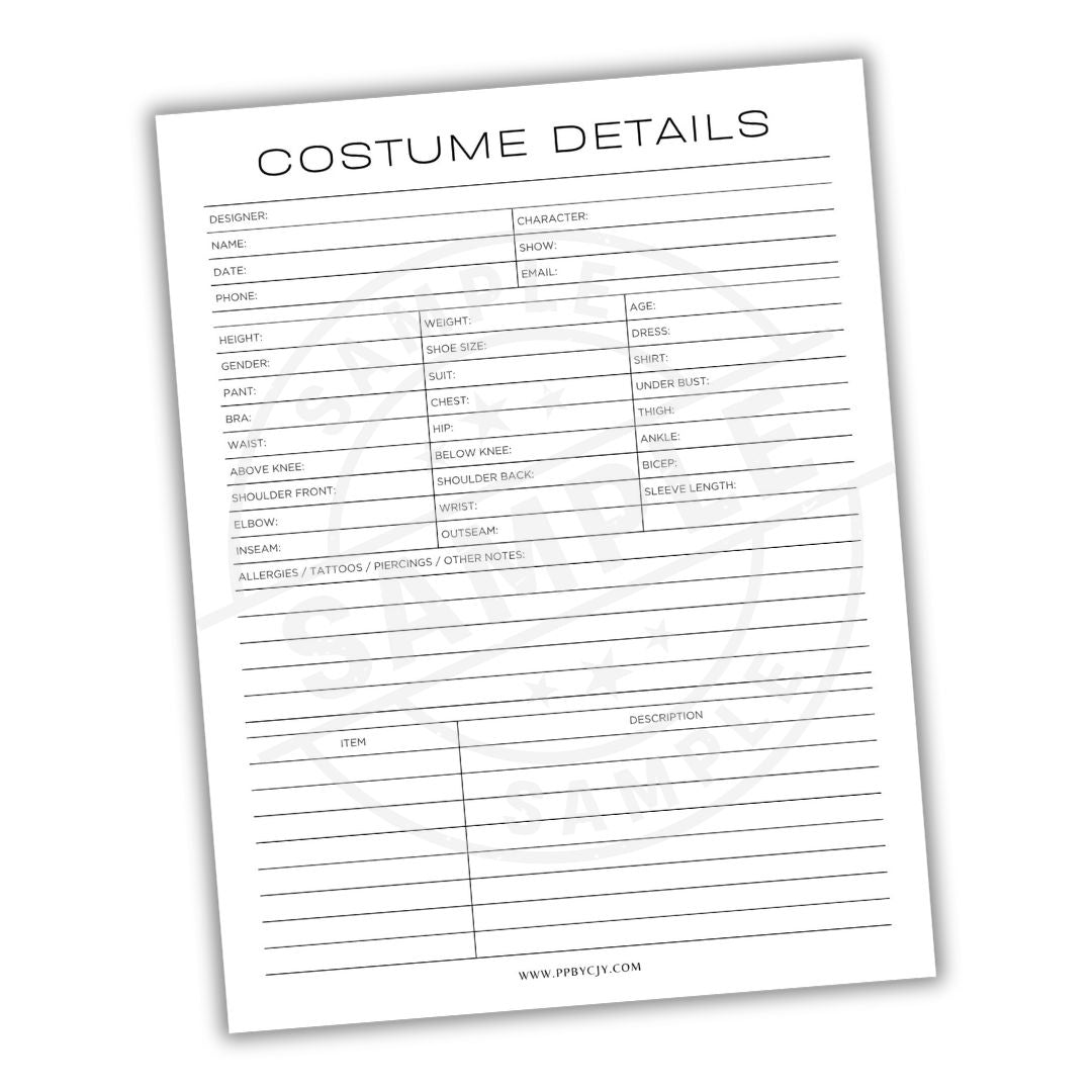 Sheet with 'Costume Details' checklist on a white background