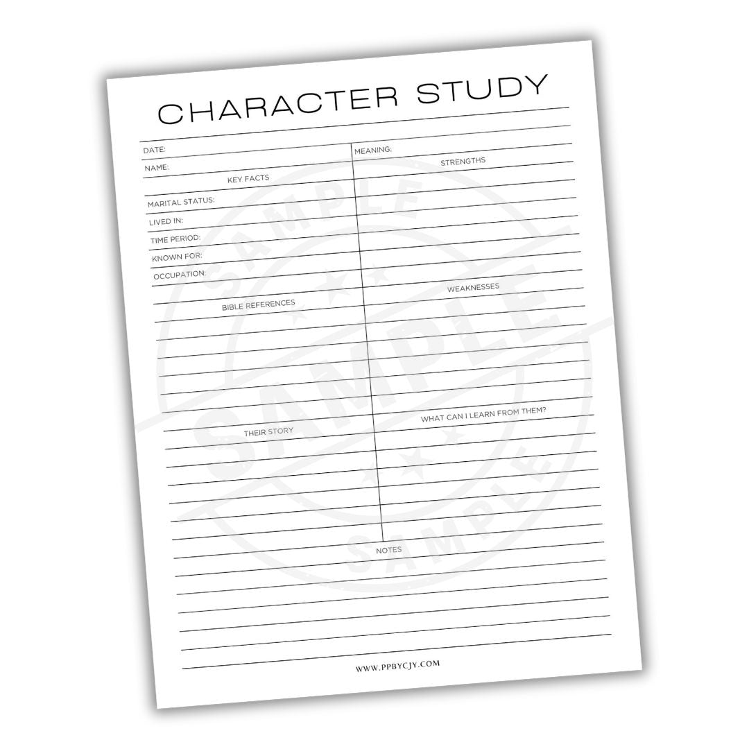 Character study worksheet with columns for details on a white background