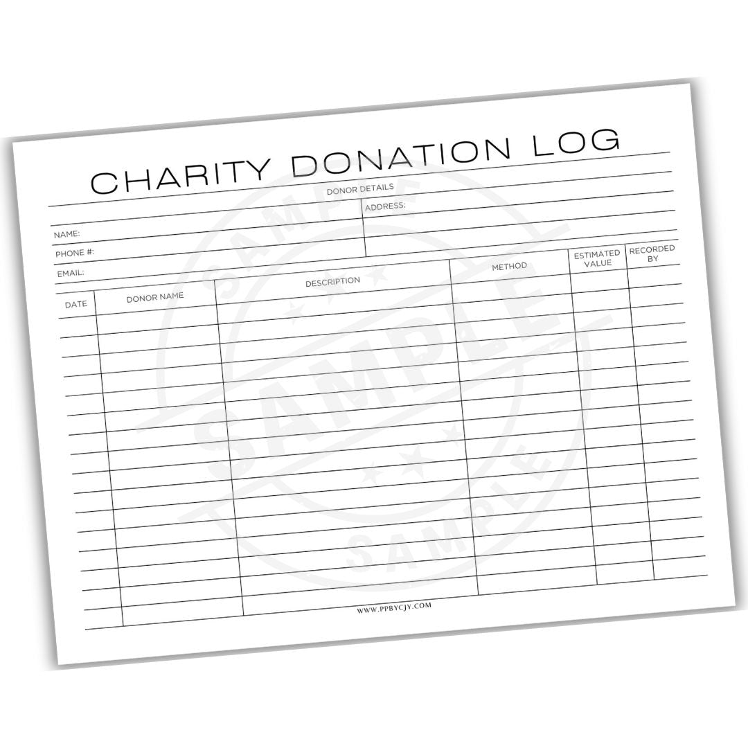 Charity donation log sheet with columns for donor details and transaction information.