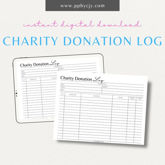 Charity Donations Log Printable PDF Template for tracking donations and charitable contributions
