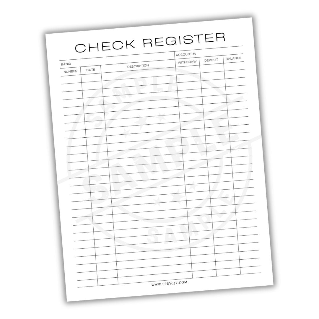 Check register sheet with columns for bank name, check number, date, description, account number, amount, deposit, and balance.