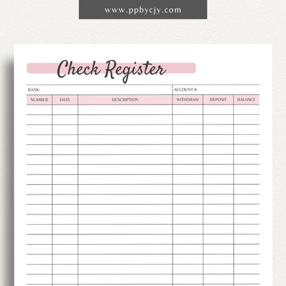 Checkbook Register Printable PDF Template