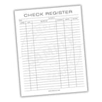 Check register sheet with columns for bank name, date, description, amount, deposit, and balance.