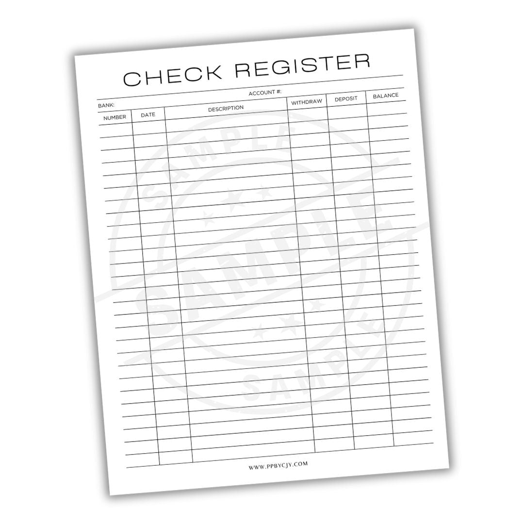 Check register sheet with columns for bank name, date, description, amount, deposit, and balance.