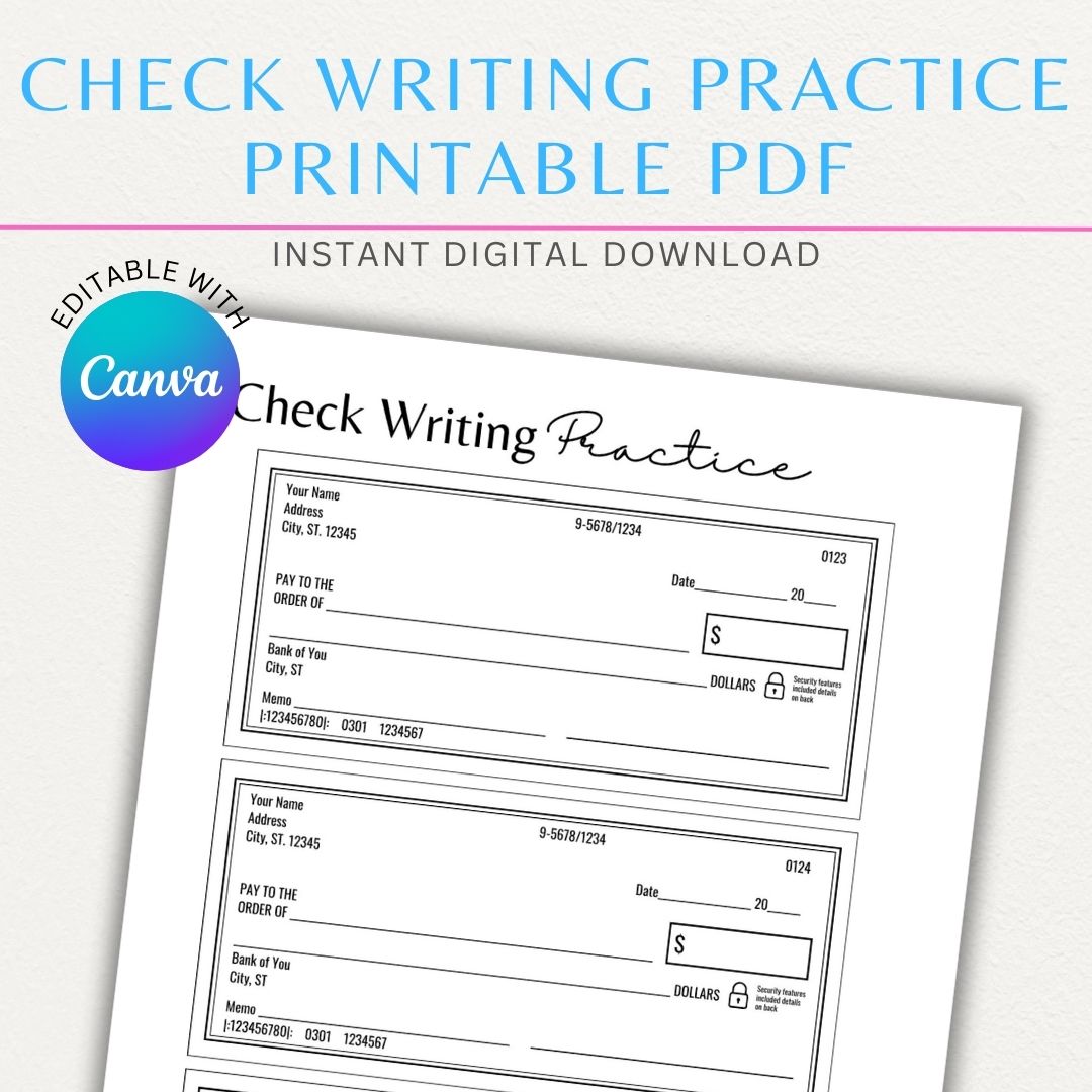 Printable check writing practice template with customizable fields for name, date, amount, and signature.

